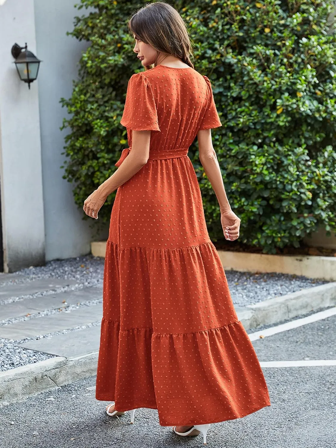 MASCOMODA Boho Floral Swiss Dot Summer Maxi Dresses for Women Wrap V Neck Short Sleeve Long Flowy Church Wedding Guest Dress