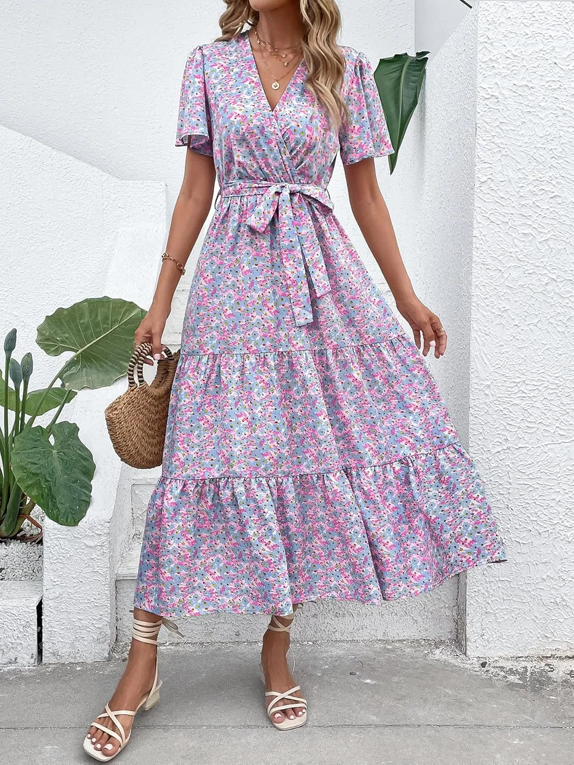 MASCOMODA Boho Floral Swiss Dot Summer Maxi Dresses for Women Wrap V Neck Short Sleeve Long Flowy Church Wedding Guest Dress