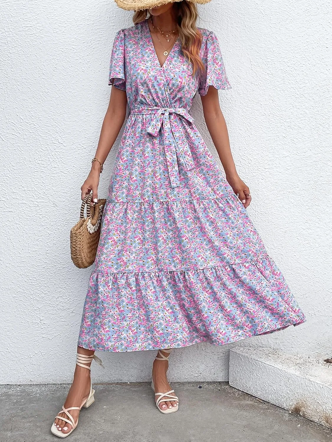 MASCOMODA Boho Floral Swiss Dot Summer Maxi Dresses for Women Wrap V Neck Short Sleeve Long Flowy Church Wedding Guest Dress