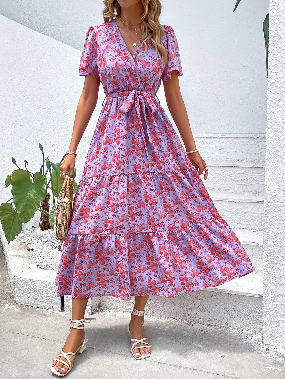 MASCOMODA Boho Floral Swiss Dot Summer Maxi Dresses for Women Wrap V Neck Short Sleeve Long Flowy Church Wedding Guest Dress