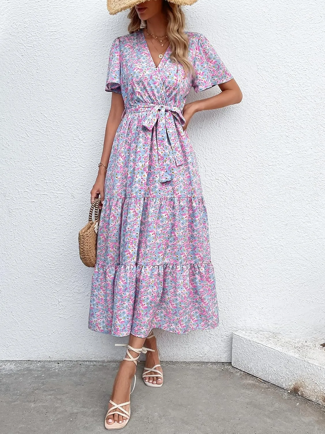 MASCOMODA Boho Floral Swiss Dot Summer Maxi Dresses for Women Wrap V Neck Short Sleeve Long Flowy Church Wedding Guest Dress