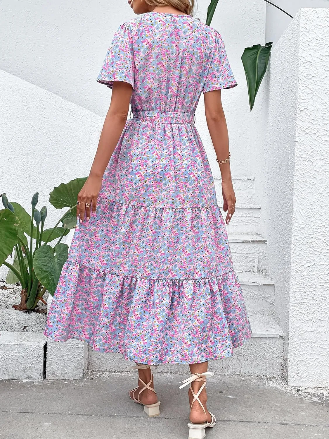 MASCOMODA Boho Floral Swiss Dot Summer Maxi Dresses for Women Wrap V Neck Short Sleeve Long Flowy Church Wedding Guest Dress