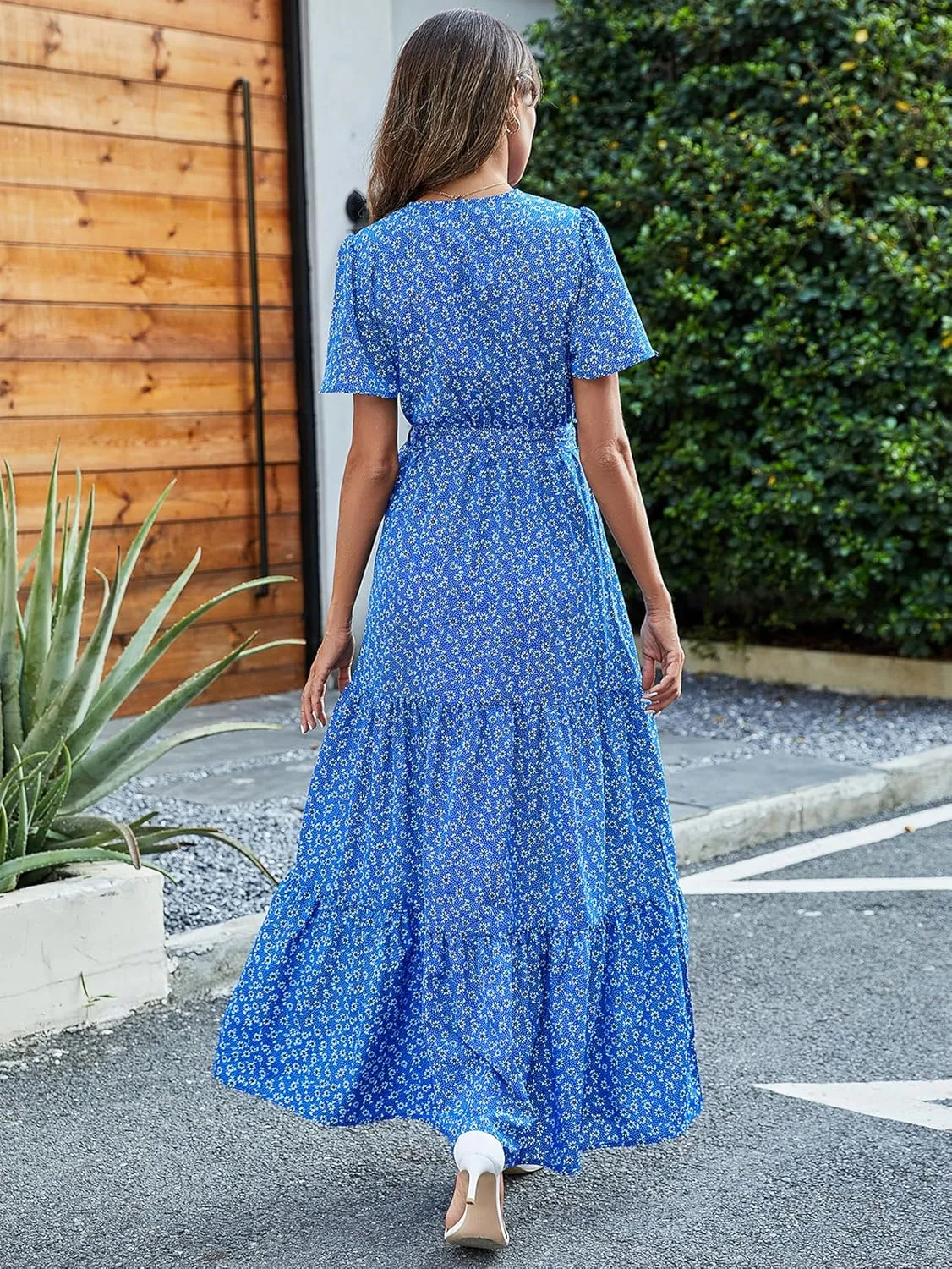 MASCOMODA Boho Floral Swiss Dot Summer Maxi Dresses for Women Wrap V Neck Short Sleeve Long Flowy Church Wedding Guest Dress