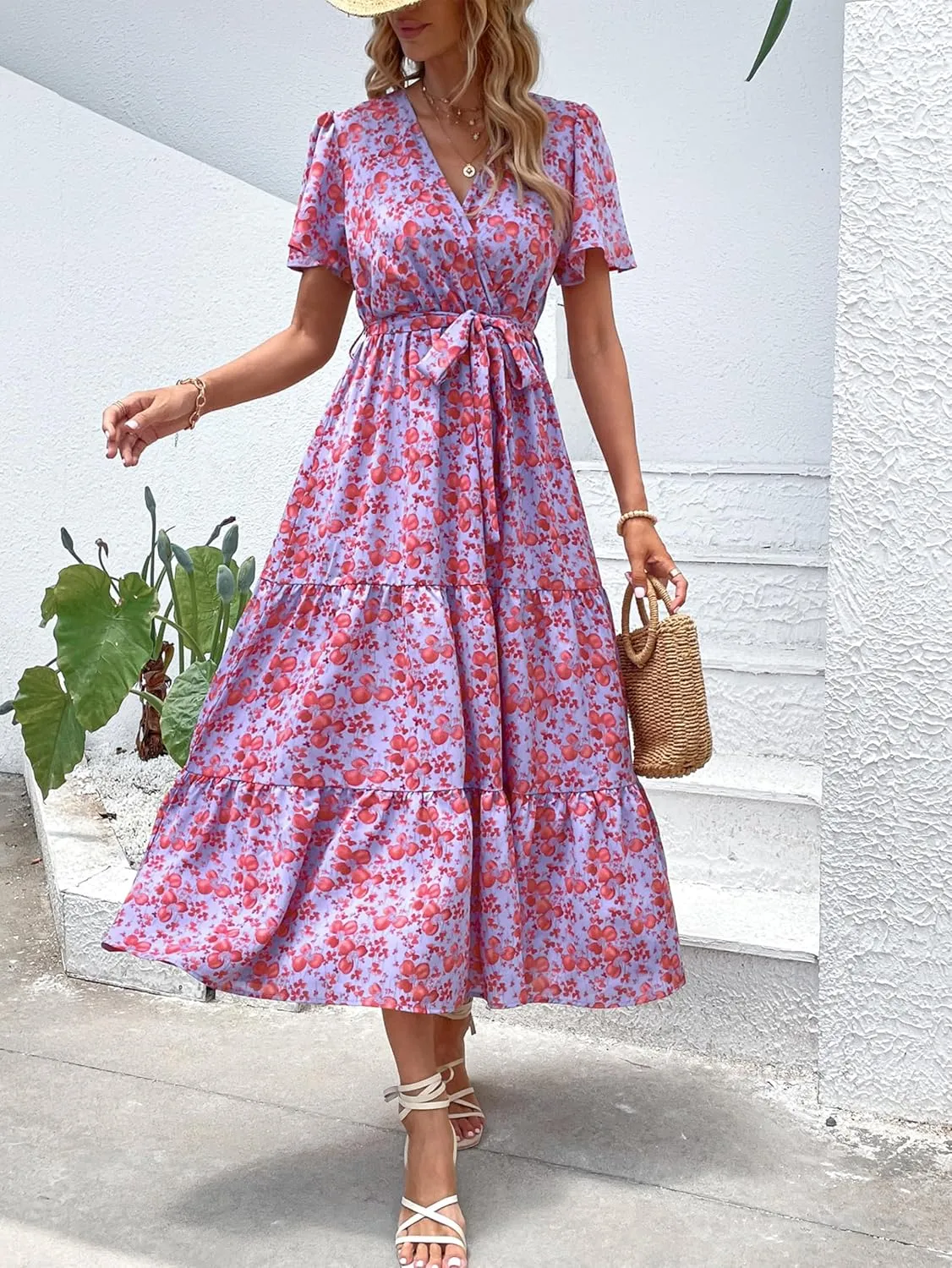 MASCOMODA Boho Floral Swiss Dot Summer Maxi Dresses for Women Wrap V Neck Short Sleeve Long Flowy Church Wedding Guest Dress