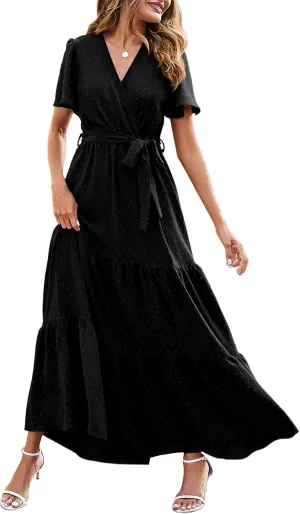 MASCOMODA Boho Floral Swiss Dot Summer Maxi Dresses for Women Wrap V Neck Short Sleeve Long Flowy Church Wedding Guest Dress