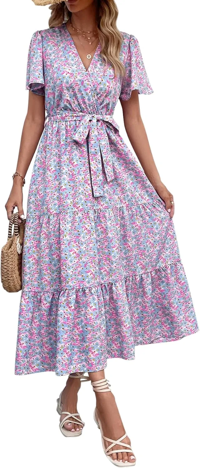 MASCOMODA Boho Floral Swiss Dot Summer Maxi Dresses for Women Wrap V Neck Short Sleeve Long Flowy Church Wedding Guest Dress