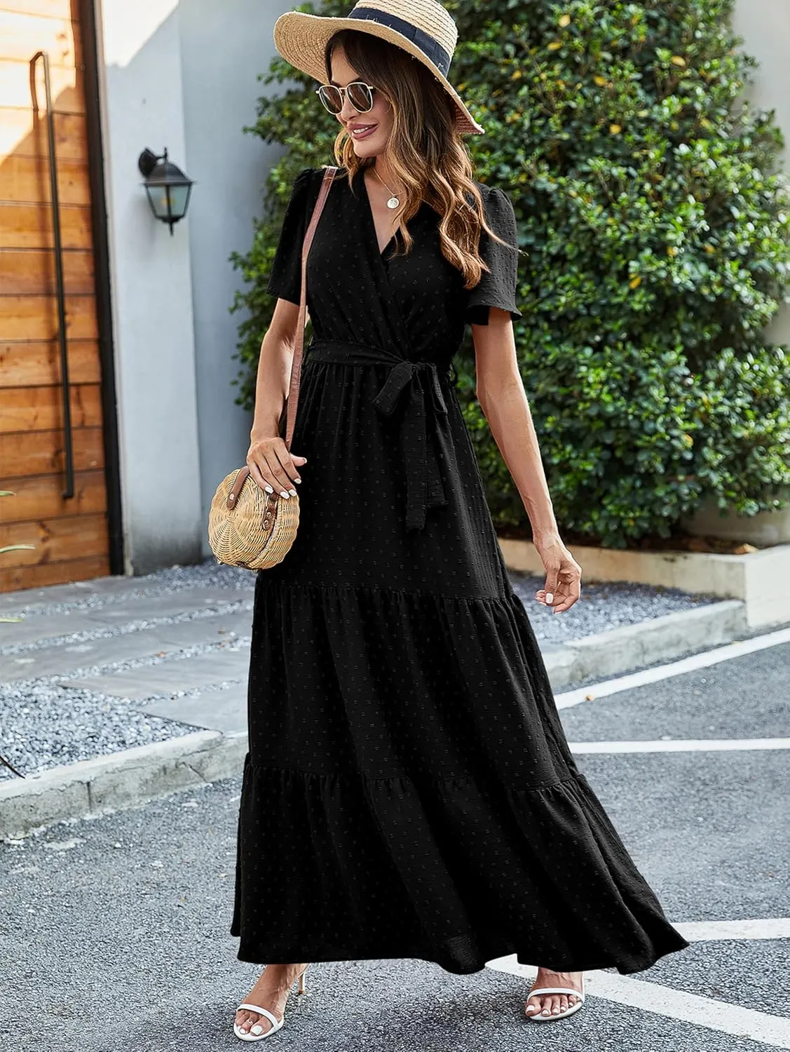 MASCOMODA Boho Floral Swiss Dot Summer Maxi Dresses for Women Wrap V Neck Short Sleeve Long Flowy Church Wedding Guest Dress