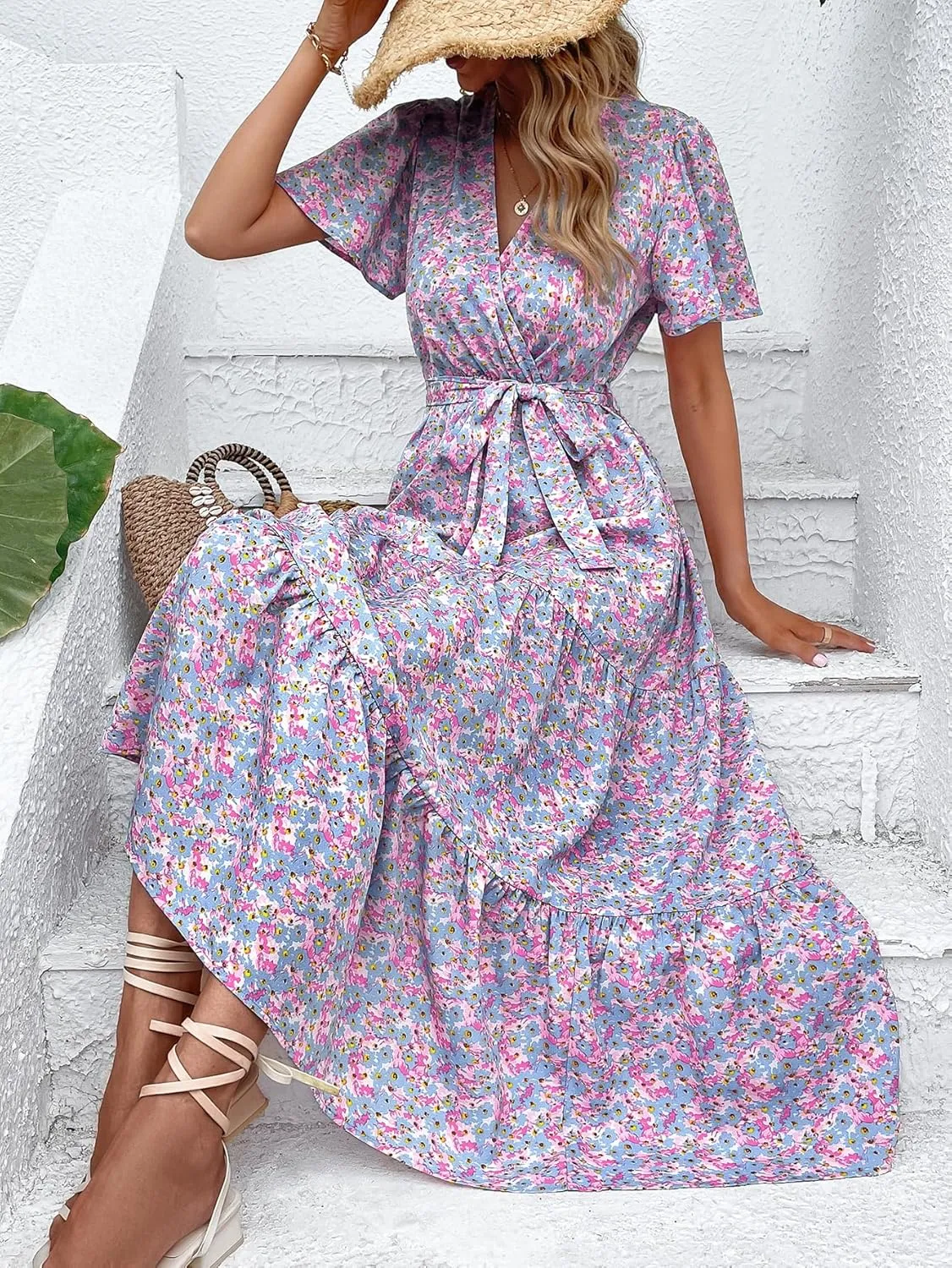 MASCOMODA Boho Floral Swiss Dot Summer Maxi Dresses for Women Wrap V Neck Short Sleeve Long Flowy Church Wedding Guest Dress