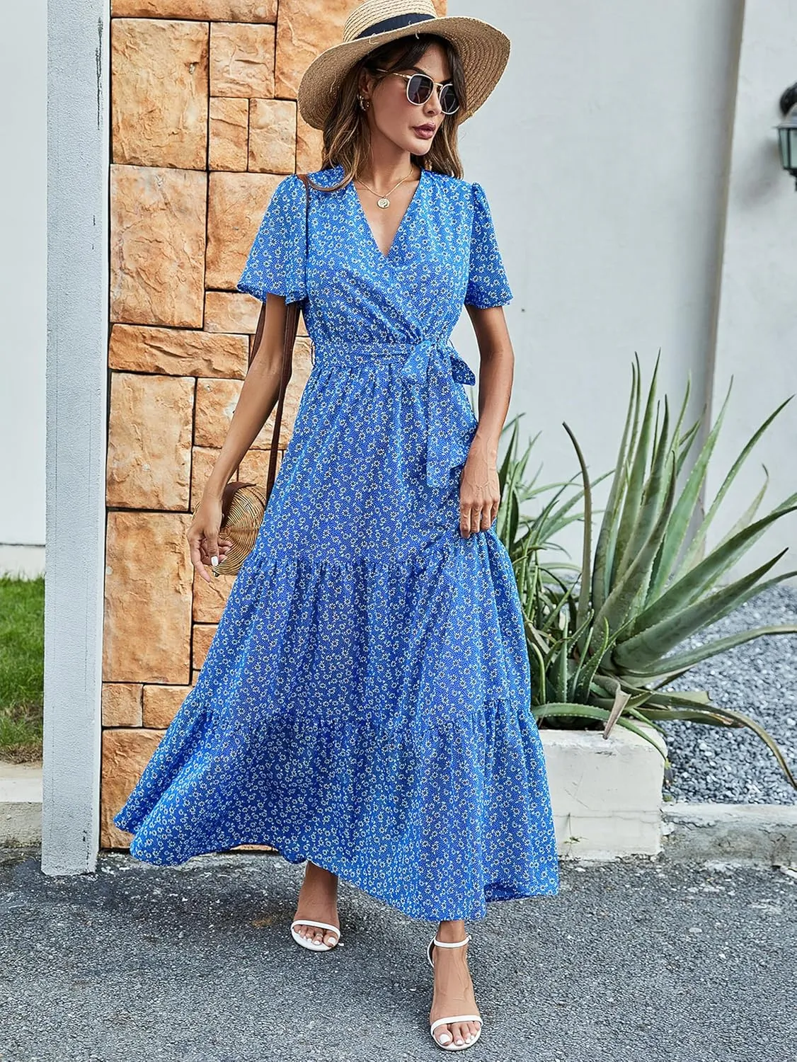 MASCOMODA Boho Floral Swiss Dot Summer Maxi Dresses for Women Wrap V Neck Short Sleeve Long Flowy Church Wedding Guest Dress