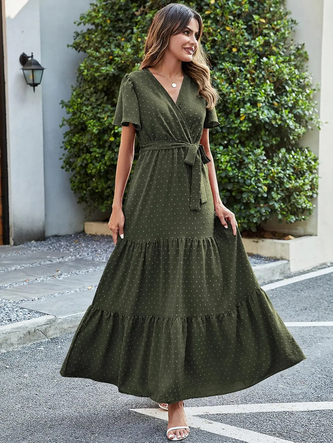 MASCOMODA Boho Floral Swiss Dot Summer Maxi Dresses for Women Wrap V Neck Short Sleeve Long Flowy Church Wedding Guest Dress