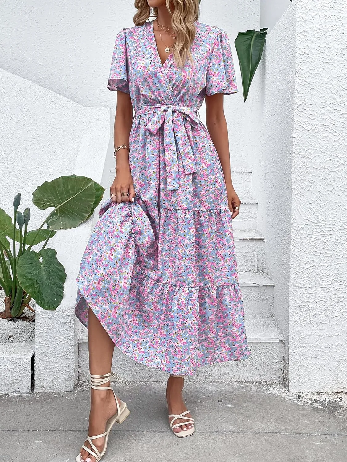 MASCOMODA Boho Floral Swiss Dot Summer Maxi Dresses for Women Wrap V Neck Short Sleeve Long Flowy Church Wedding Guest Dress