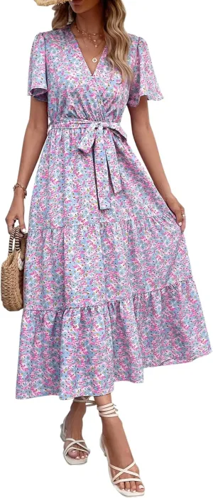 MASCOMODA Boho Floral Swiss Dot Summer Maxi Dresses for Women Wrap V Neck Short Sleeve Long Flowy Church Wedding Guest Dress