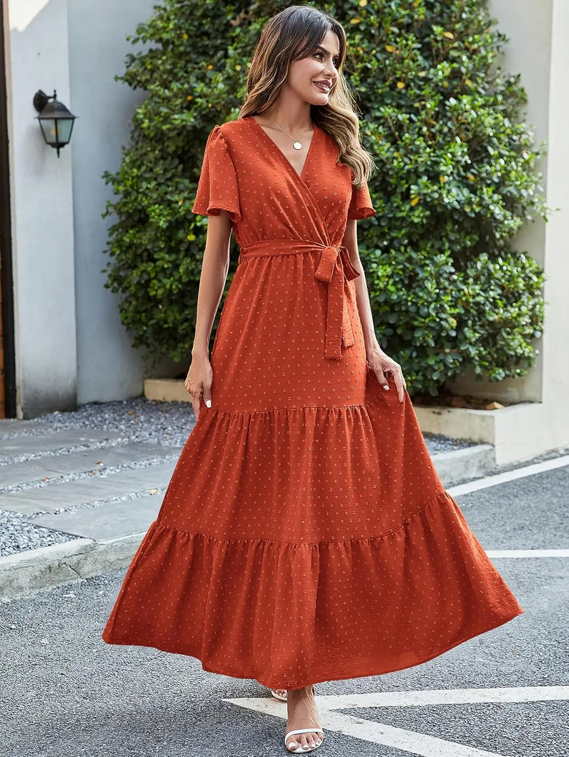 MASCOMODA Boho Floral Swiss Dot Summer Maxi Dresses for Women Wrap V Neck Short Sleeve Long Flowy Church Wedding Guest Dress