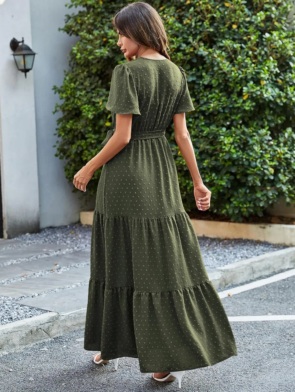 MASCOMODA Boho Floral Swiss Dot Summer Maxi Dresses for Women Wrap V Neck Short Sleeve Long Flowy Church Wedding Guest Dress