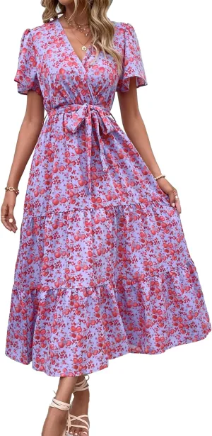 MASCOMODA Boho Floral Swiss Dot Summer Maxi Dresses for Women Wrap V Neck Short Sleeve Long Flowy Church Wedding Guest Dress