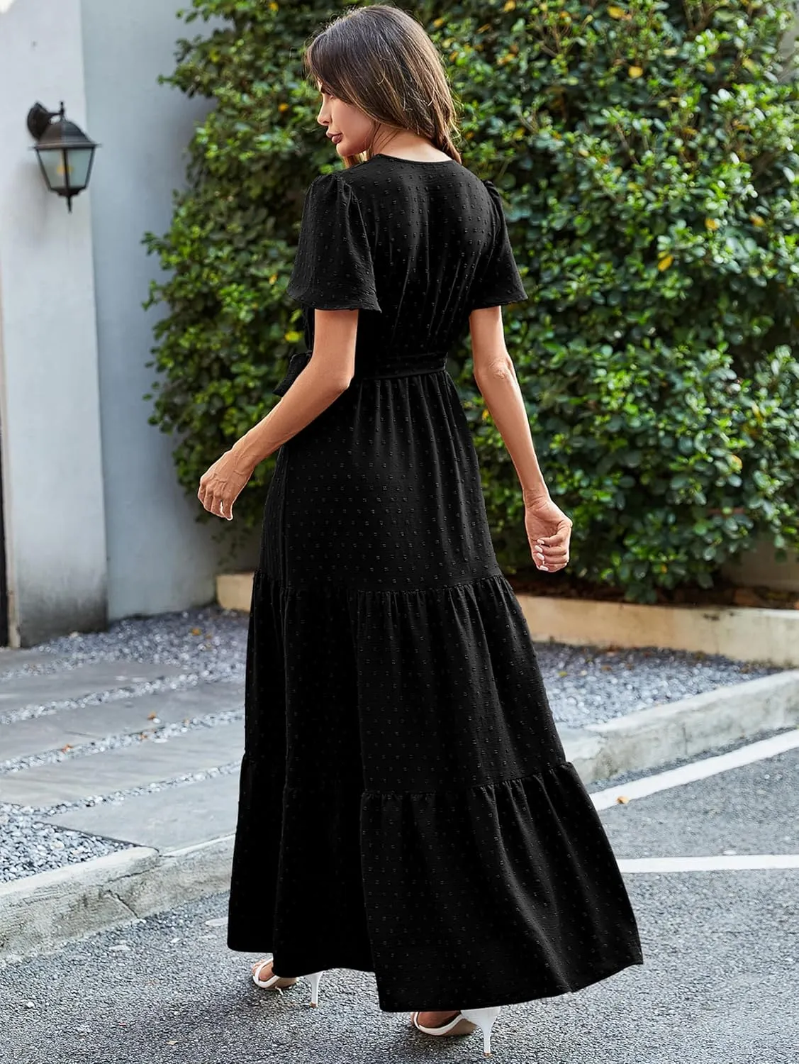 MASCOMODA Boho Floral Swiss Dot Summer Maxi Dresses for Women Wrap V Neck Short Sleeve Long Flowy Church Wedding Guest Dress