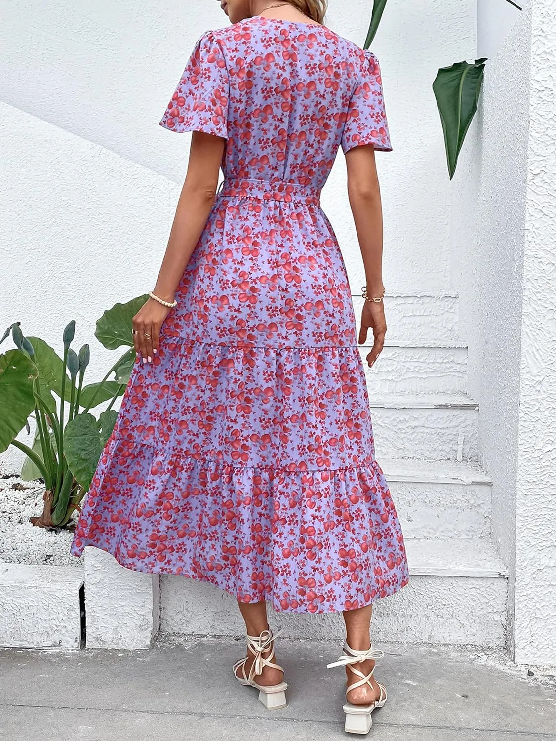 MASCOMODA Boho Floral Swiss Dot Summer Maxi Dresses for Women Wrap V Neck Short Sleeve Long Flowy Church Wedding Guest Dress