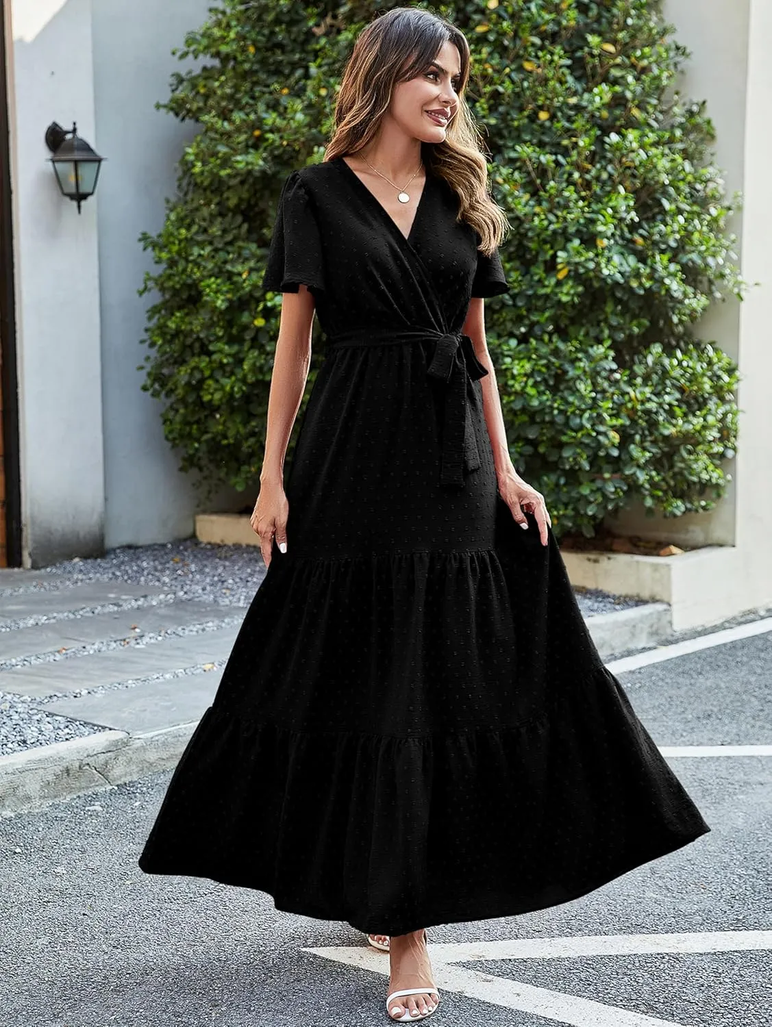 MASCOMODA Boho Floral Swiss Dot Summer Maxi Dresses for Women Wrap V Neck Short Sleeve Long Flowy Church Wedding Guest Dress