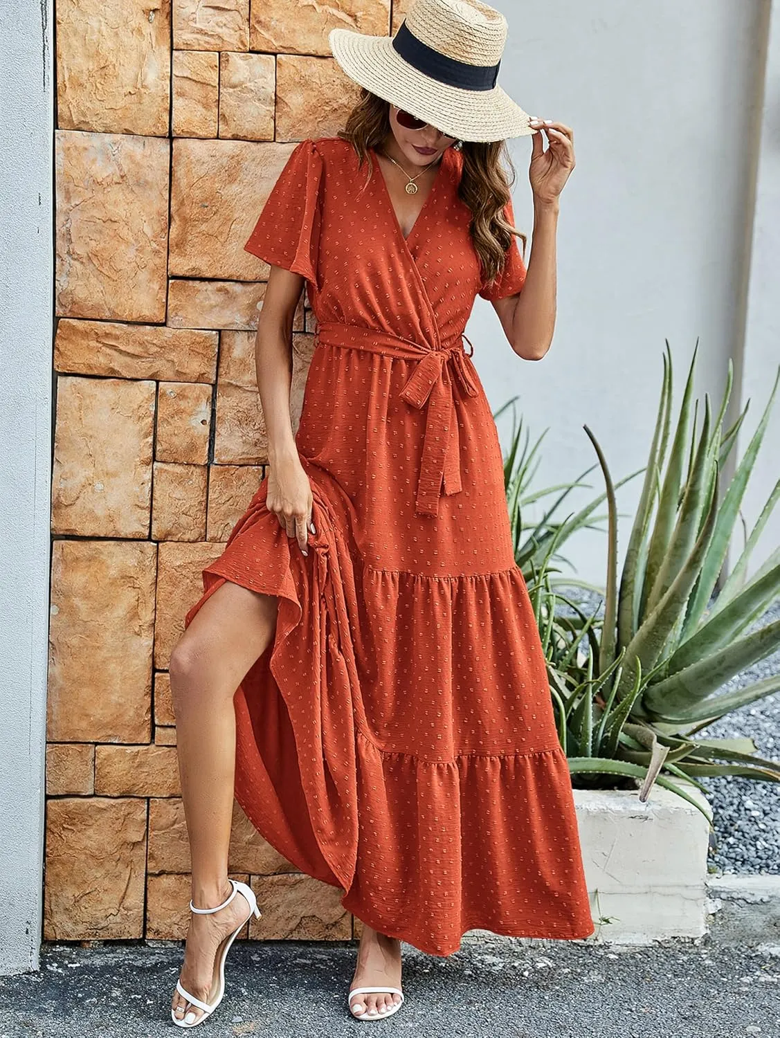 MASCOMODA Boho Floral Swiss Dot Summer Maxi Dresses for Women Wrap V Neck Short Sleeve Long Flowy Church Wedding Guest Dress