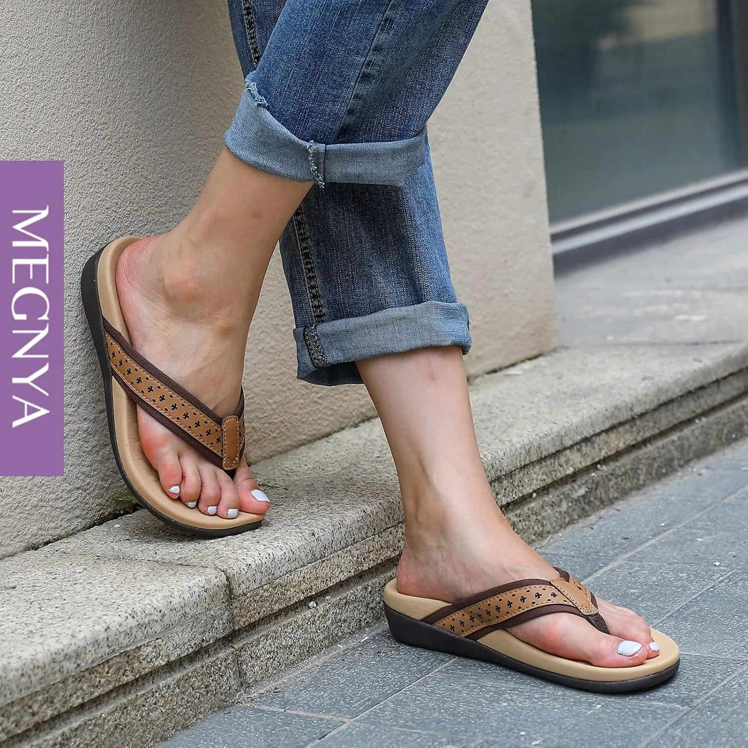 MEGNYA Womens Orthopedic Sandals with Arch Support, Summer Plantar Fasciitis Flip Flops for Flat Feet, Comfortable Cushioned Foam Slippers for Outdoor Beach