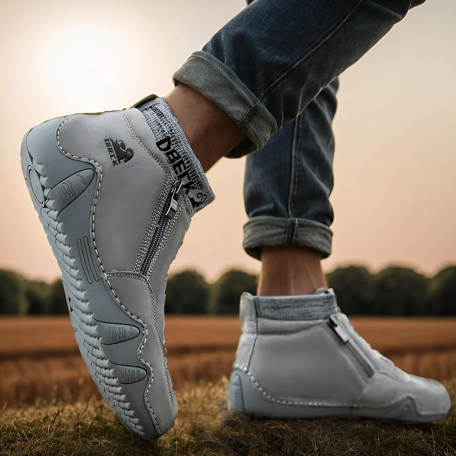 Men's Casual Slip-On Bootie High Top Genuine Leather Zipper Boots Fashion Walking Shoes with Elastic Sock Cuffs