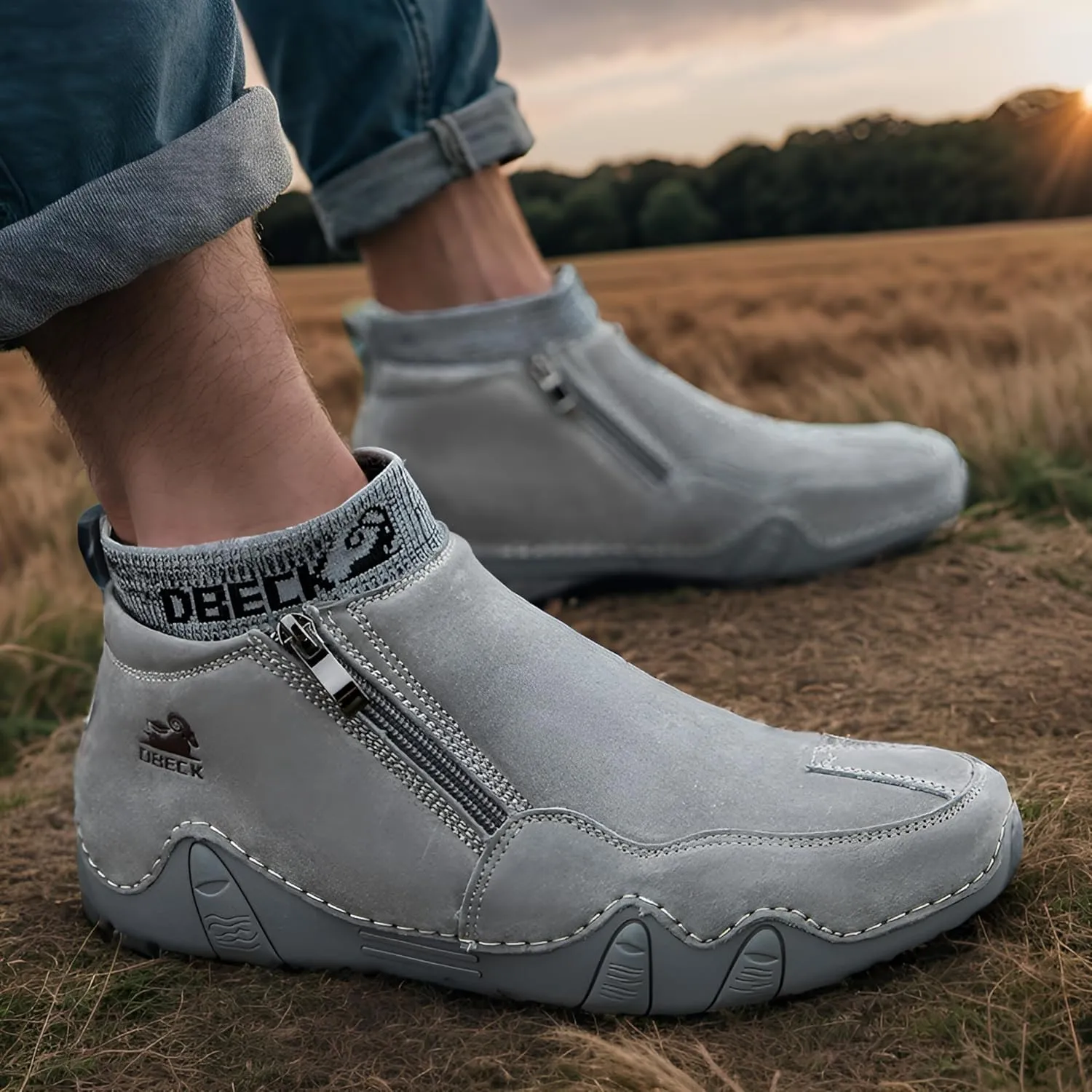 Men's Casual Slip-On Bootie High Top Genuine Leather Zipper Boots Fashion Walking Shoes with Elastic Sock Cuffs