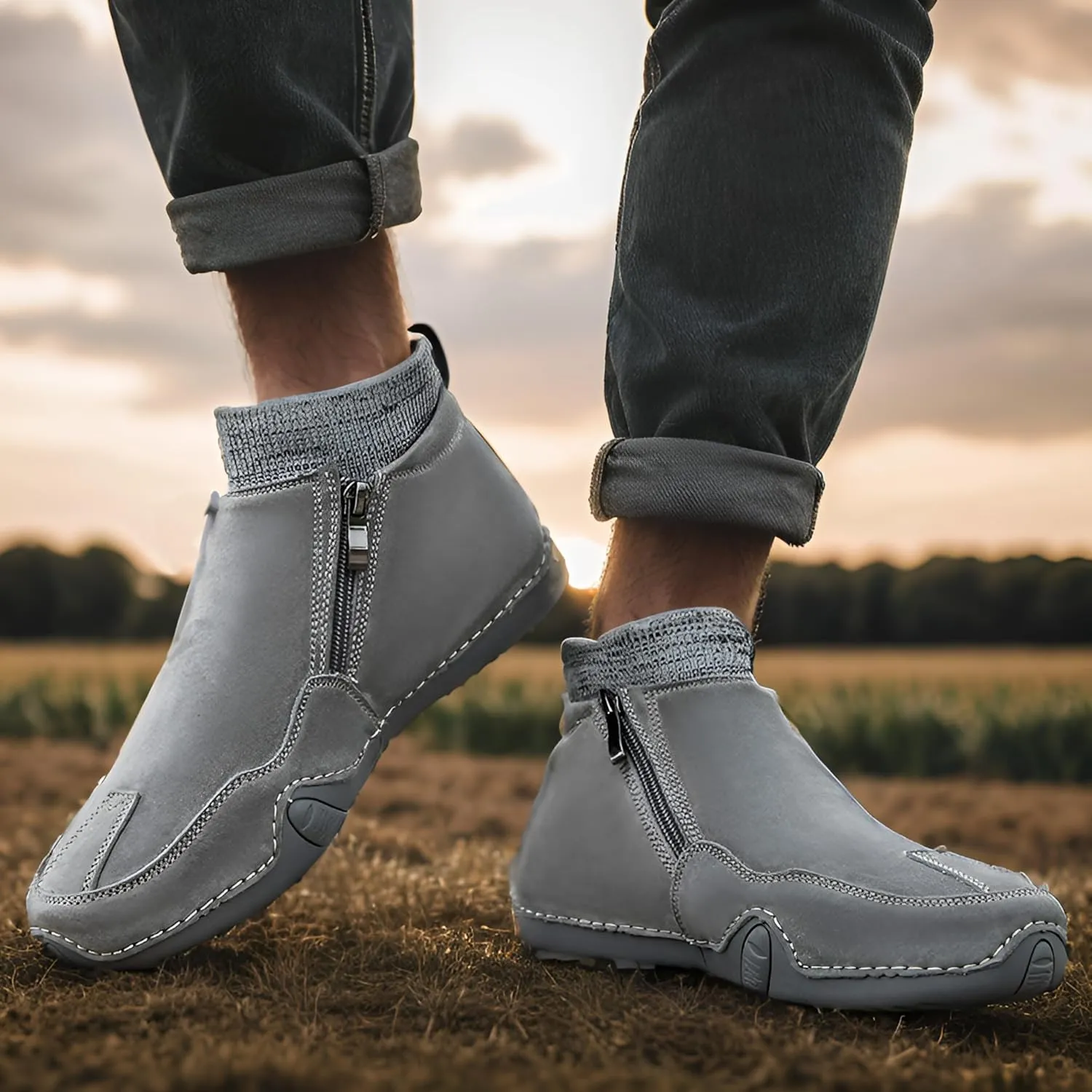 Men's Casual Slip-On Bootie High Top Genuine Leather Zipper Boots Fashion Walking Shoes with Elastic Sock Cuffs