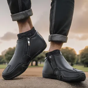 Men's Casual Slip-On Bootie High Top Genuine Leather Zipper Boots Fashion Walking Shoes with Elastic Sock Cuffs