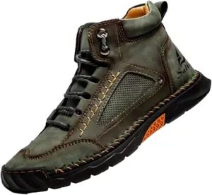 Men's Comfortable Handmade Leather Boots, Stylish hand-stitched Waterproof Arch Support Ankle boots