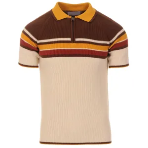 Men's Vintage Warm Stripe Zip Polo – 70s Inspired Knit Shirt in Earth Tones