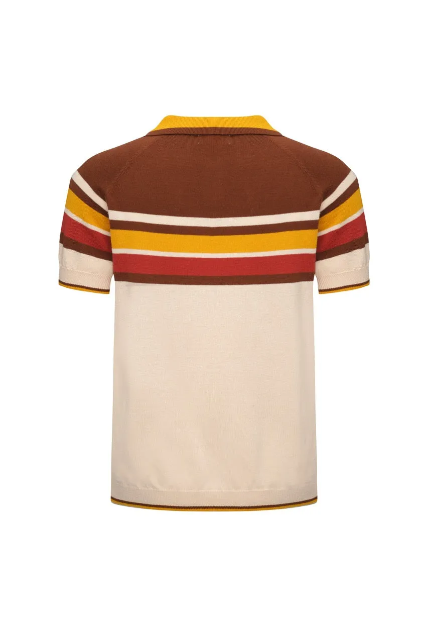 Men's Vintage Warm Stripe Zip Polo – 70s Inspired Knit Shirt in Earth Tones