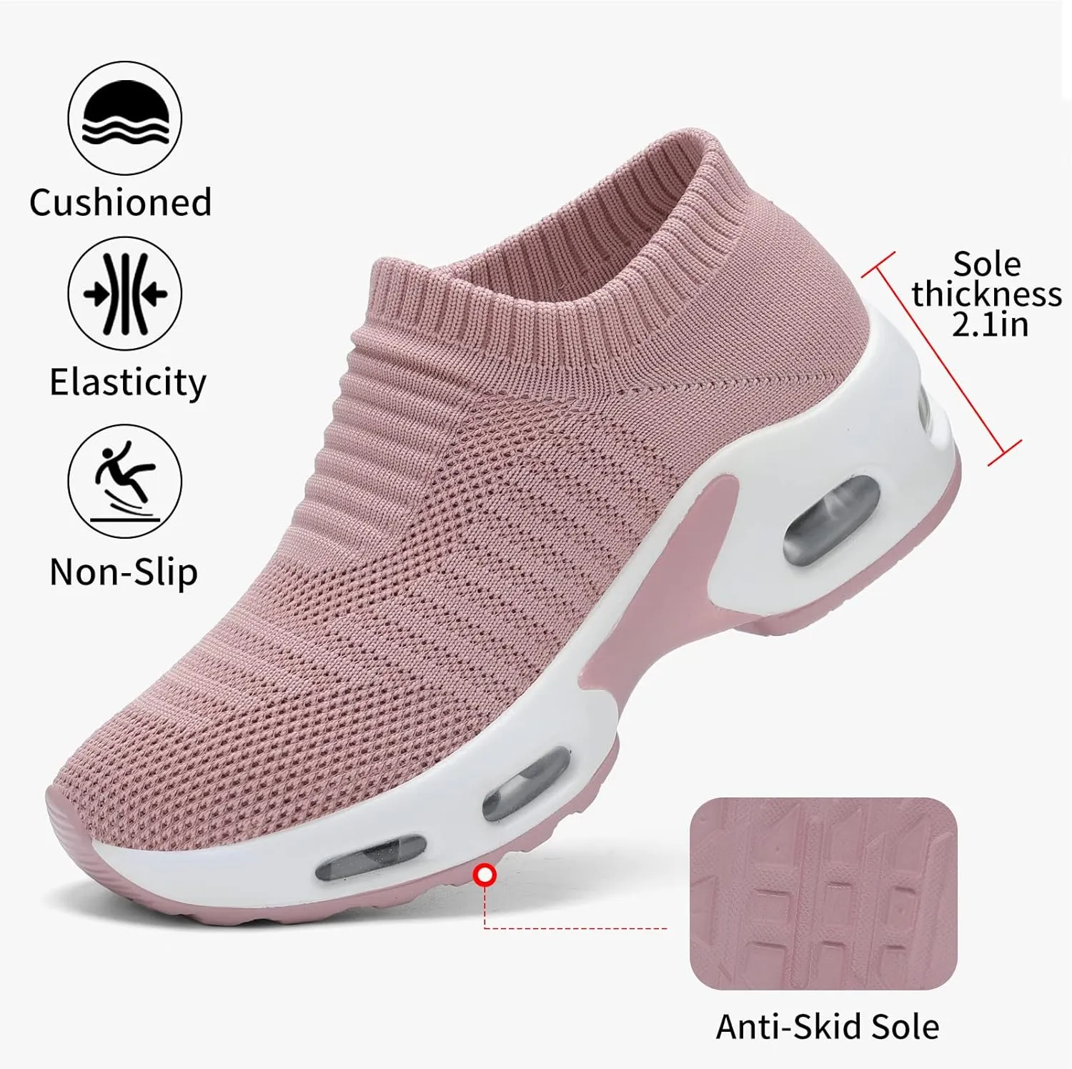 Mesh Sneakers for Women - Non Slip, Slip On, Sock Sneakers - Light Weight, Air Cushion Running, Work Shoes