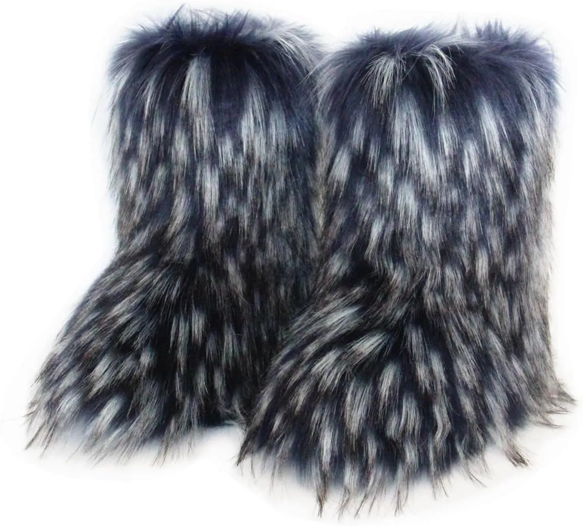 MH Bailment Women's Faux Fur Boots Winter Mid-Calf Snow Boots Fuzzy Fluffy Furry Fashion Short Snow Boots
