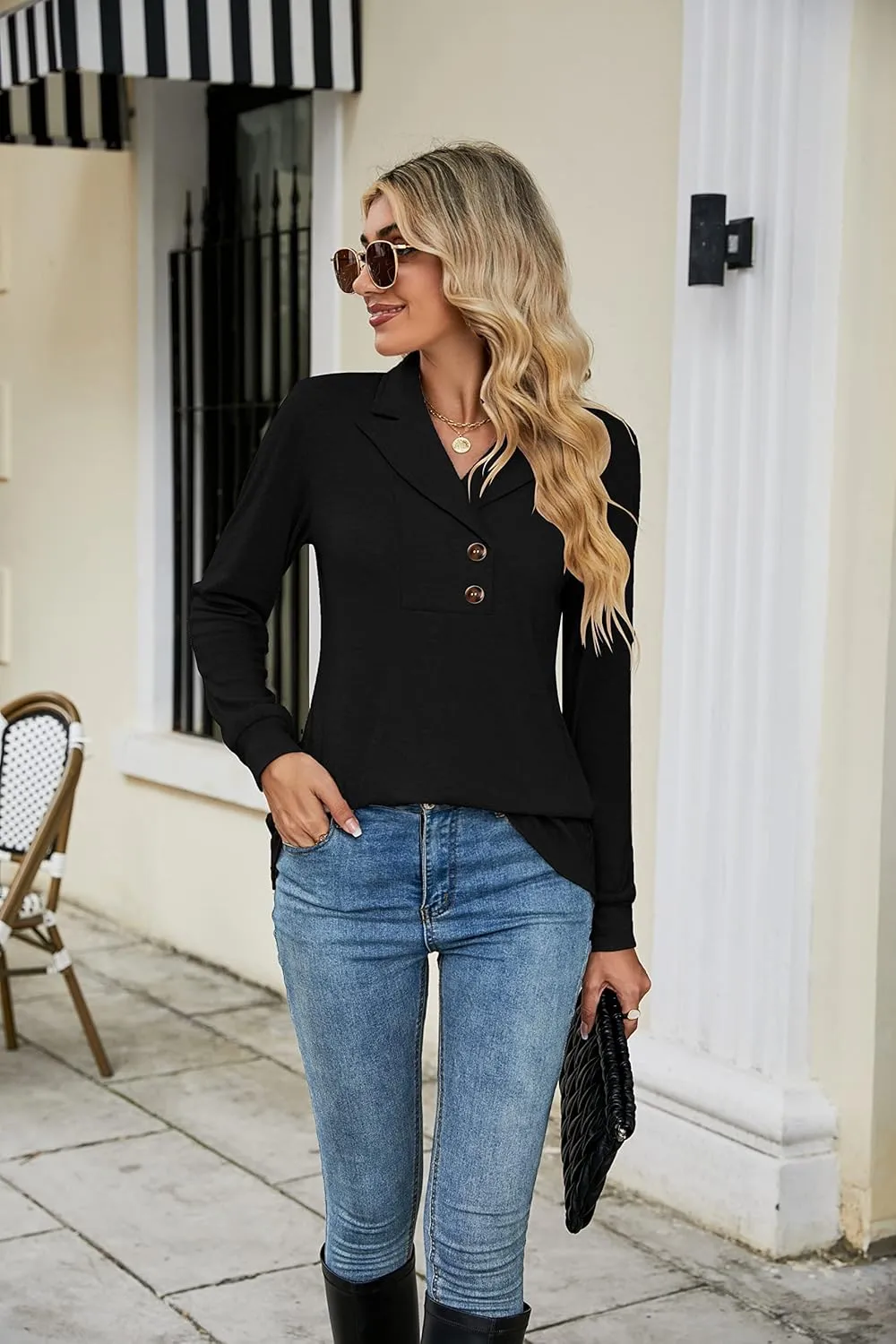 Micoson Women's Long Sleeve Button Lapel Tunic Tops V Neck Business Casual Swing Sweatshirt Pullover