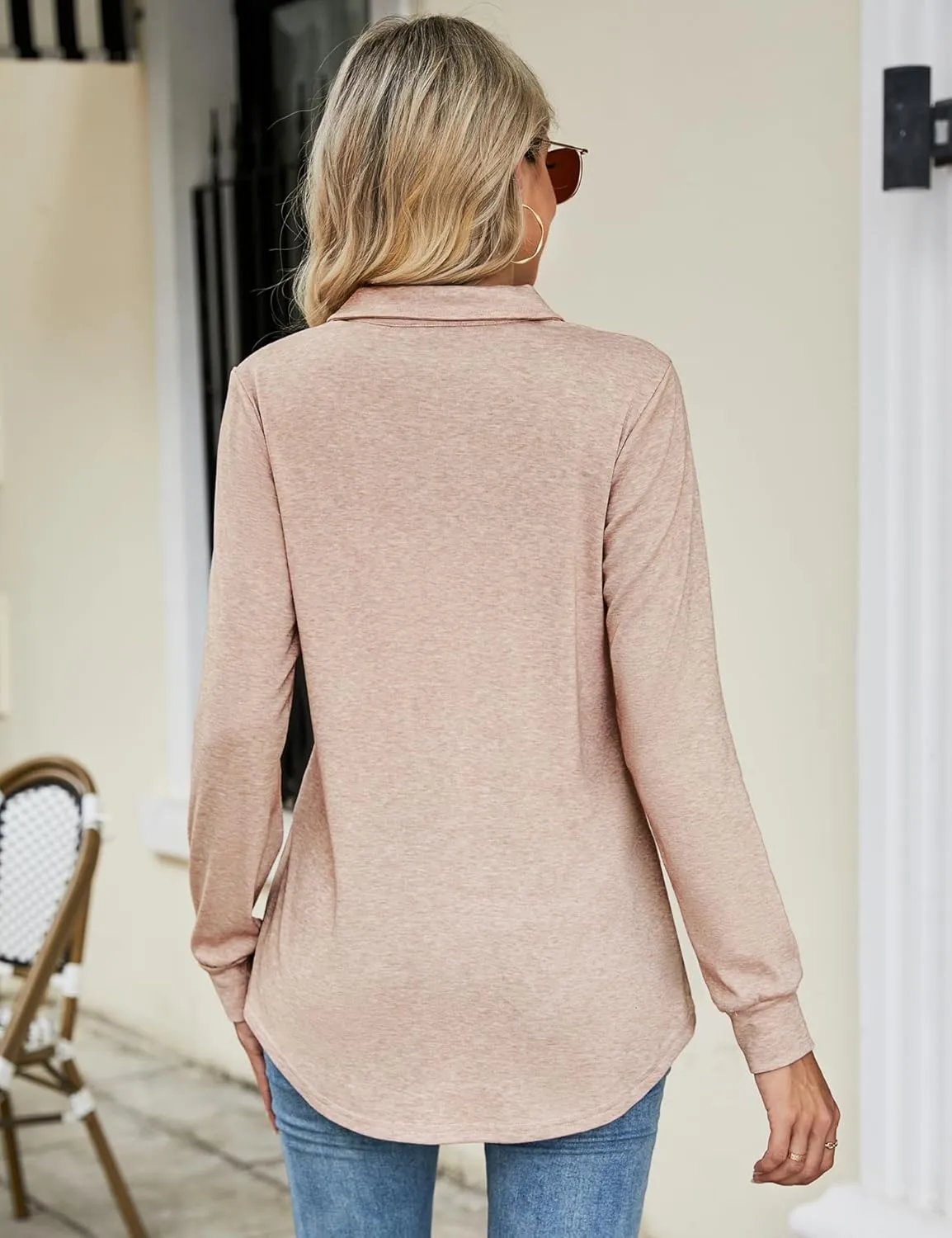Micoson Women's Long Sleeve Button Lapel Tunic Tops V Neck Business Casual Swing Sweatshirt Pullover