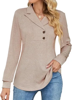 Micoson Women's Long Sleeve Button Lapel Tunic Tops V Neck Business Casual Swing Sweatshirt Pullover
