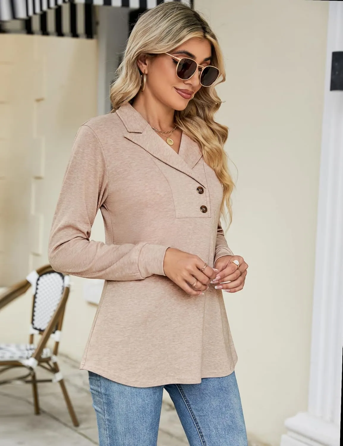 Micoson Women's Long Sleeve Button Lapel Tunic Tops V Neck Business Casual Swing Sweatshirt Pullover