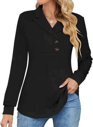 Micoson Women's Long Sleeve Button Lapel Tunic Tops V Neck Business Casual Swing Sweatshirt Pullover