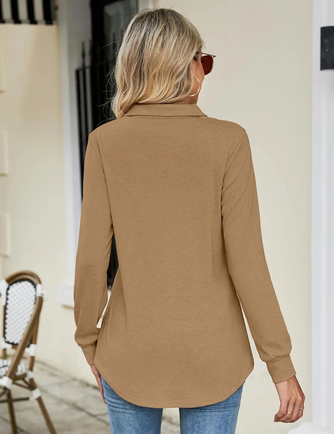 Micoson Women's Long Sleeve Button Lapel Tunic Tops V Neck Business Casual Swing Sweatshirt Pullover