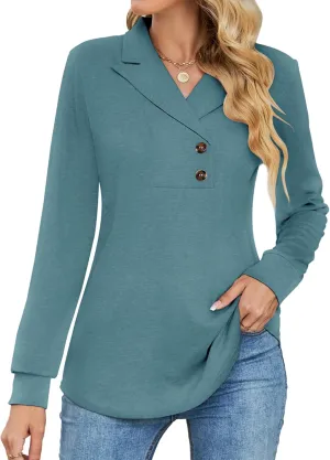 Micoson Women's Long Sleeve Button Lapel Tunic Tops V Neck Business Casual Swing Sweatshirt Pullover