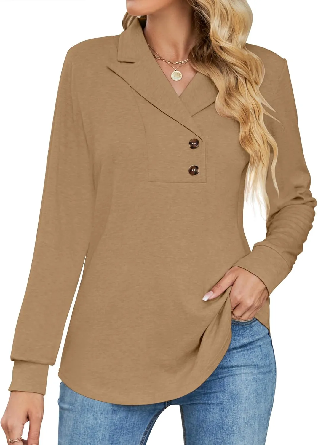 Micoson Women's Long Sleeve Button Lapel Tunic Tops V Neck Business Casual Swing Sweatshirt Pullover