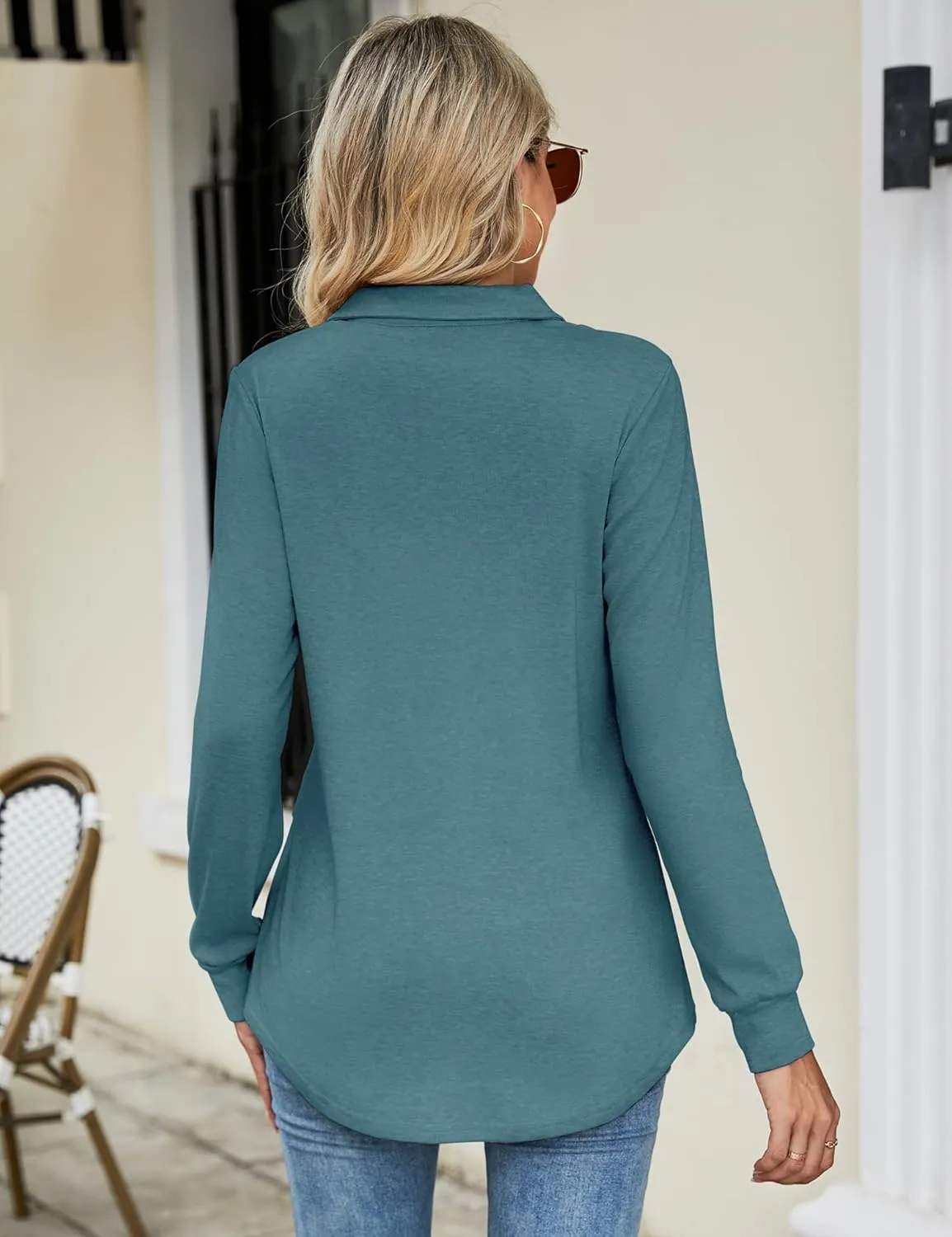Micoson Women's Long Sleeve Button Lapel Tunic Tops V Neck Business Casual Swing Sweatshirt Pullover