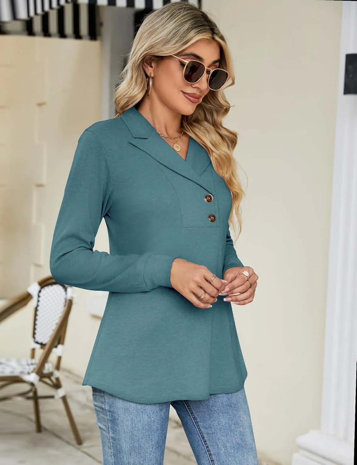 Micoson Women's Long Sleeve Button Lapel Tunic Tops V Neck Business Casual Swing Sweatshirt Pullover