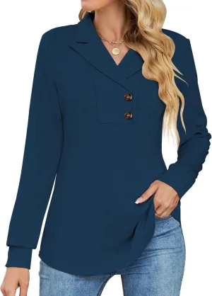 Micoson Women's Long Sleeve Button Lapel Tunic Tops V Neck Business Casual Swing Sweatshirt Pullover