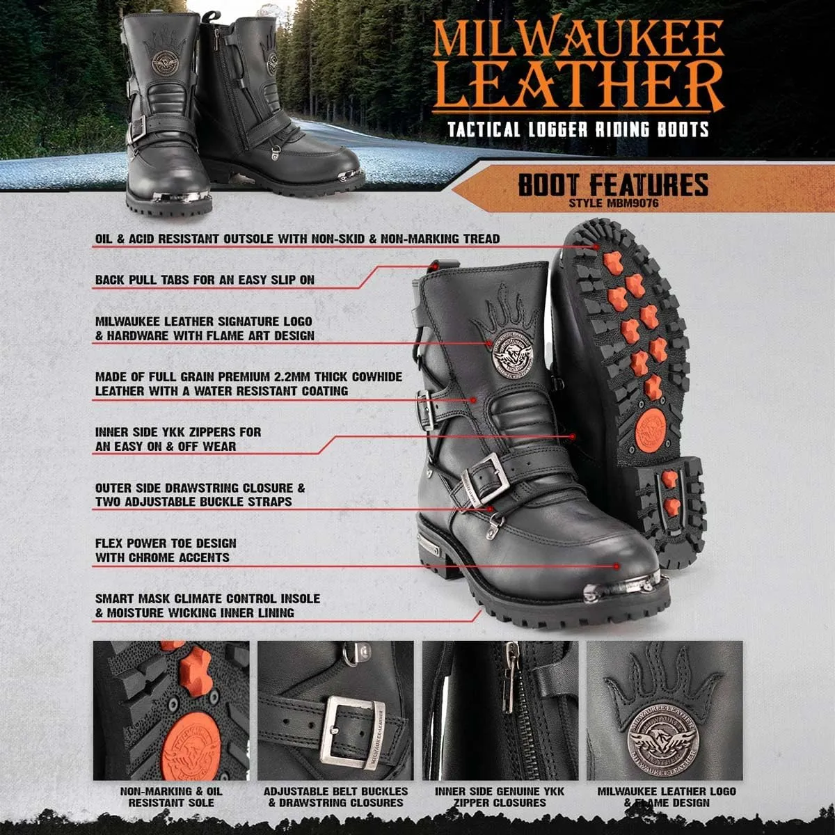 Milwaukee Leather Men's Black Smooth Plain Motorcycle Leather Boots - 11.5