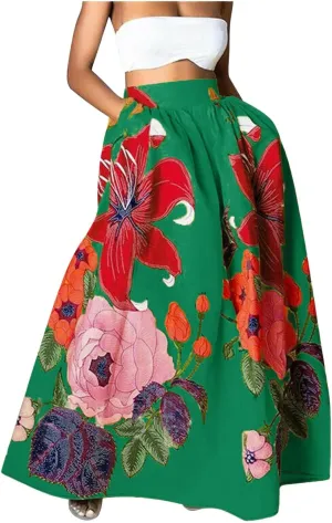Miyaomn Women's Boho Floral Printed Maxi Skirt Summer Beach High Waisted Mopping Floor Length A Line Long Skirts with Pockets