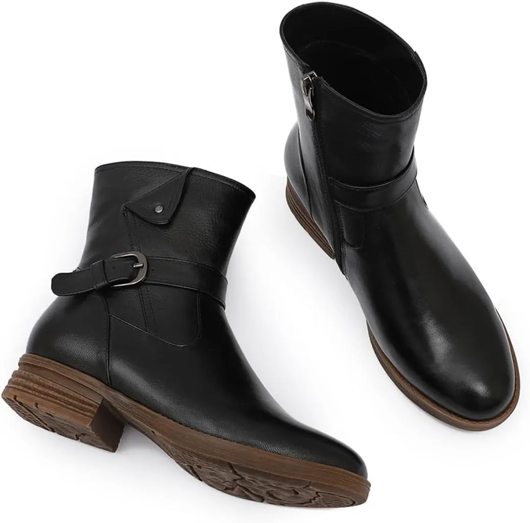 Mona flying Women's Comfort Mid Calf Leather Booties Inside zip Fashion Round Toe Biker Boots Low Heel Dress Engineer Boots