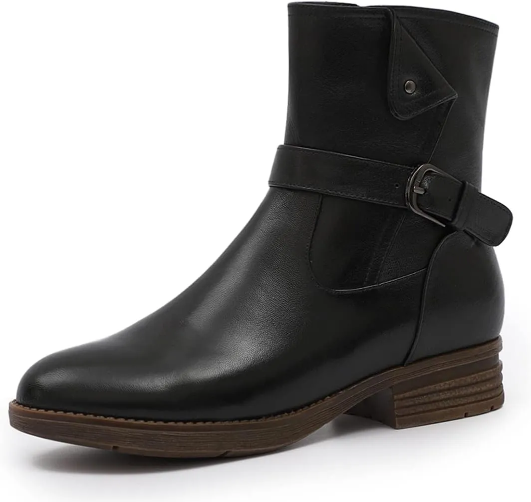 Mona flying Women's Comfort Mid Calf Leather Booties Inside zip Fashion Round Toe Biker Boots Low Heel Dress Engineer Boots