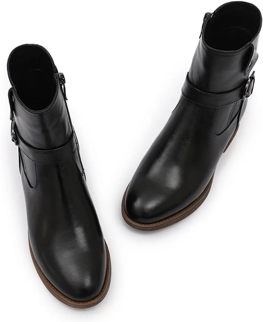 Mona flying Women's Comfort Mid Calf Leather Booties Inside zip Fashion Round Toe Biker Boots Low Heel Dress Engineer Boots