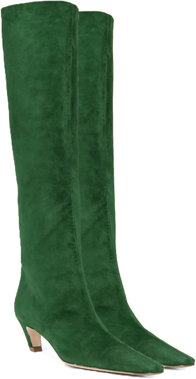 MOOMMO Women Kitten Heel Over Knee High Boots Square Toe Matte Pull On Wide Calf Pleated Low Heel Thigh Boots Stylish Retro Dress Boots Chic Party Comfy 4-11 M US